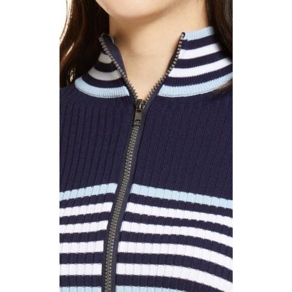Cali‎ Be Full Zip Cardigan Sweater Women Medium Navy Blue Stripe Preppy Academia - Picture 13 of 13